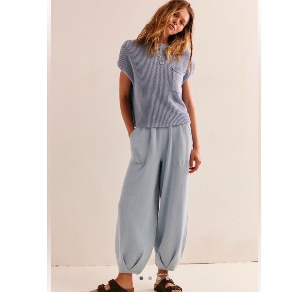 Free People Beach Freya Blue Knit Pants Slouchy Baloon size Large - Picture 6 of 7